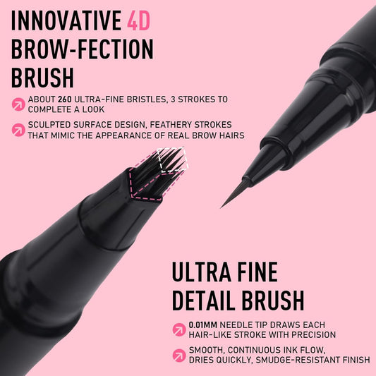 Dual Ended Microblading Eyebrow Pen - 2 in 1 Liquid Eyebrow Pencil with Brow-Fection Angled Brush & Precise Detail Brush-Tip, Shapes & Fills Hair-Like Looking Brows, Lasts All-Day, Dark Brown