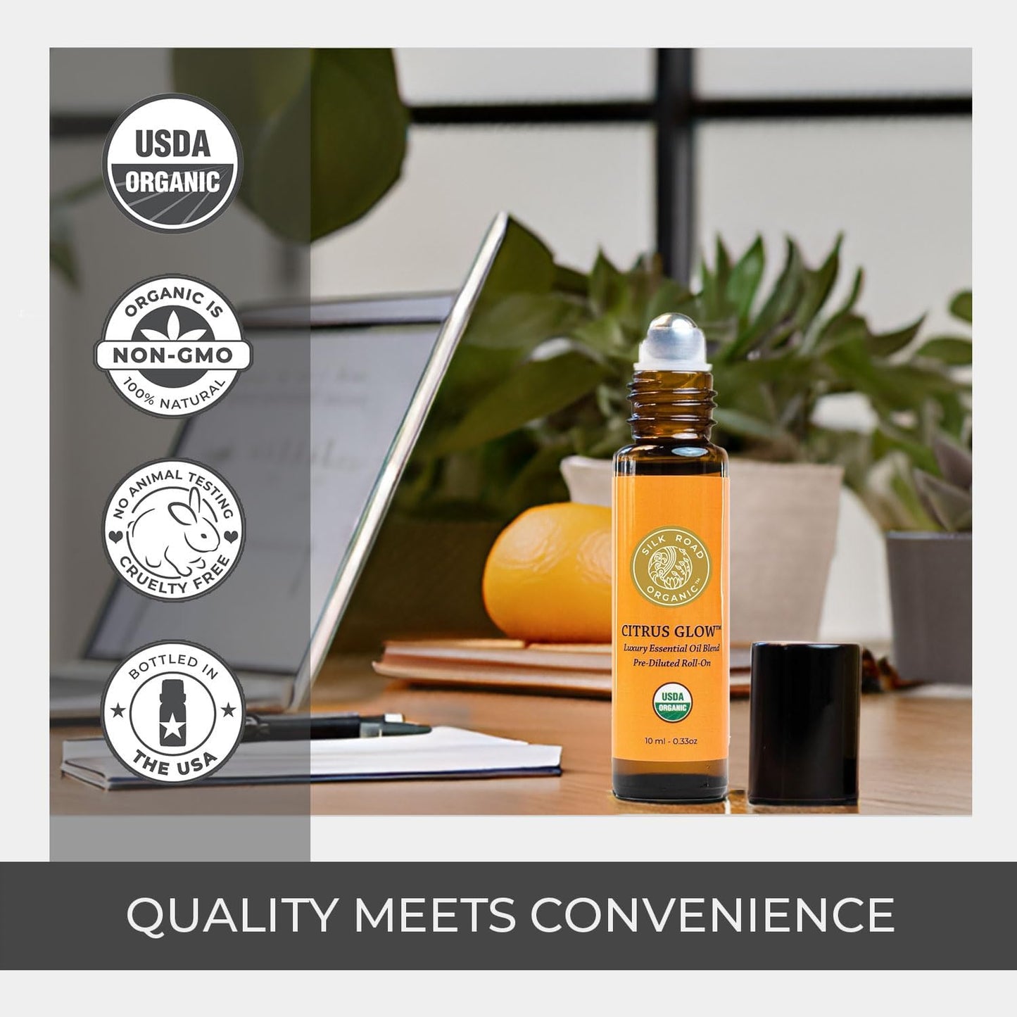 Silk Road Organic Citrus Glow Essential Oil Revive Blend Roll On, 100% Pure USDA Certified Citrus & Vanilla - Uplifting, & Energizing - 10 ml Roller - Always Pure, Always Organic