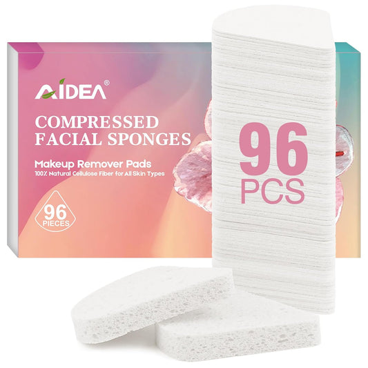 AIDEA 96Count Compressed Facial Sponges White, Reusable Makeup Remover Pads, Travel Essentials, Face Cleansing Pads, Natural Cellulose Cosmetic Spa Sponges for Facial Cleansing, Exfoliating Pads