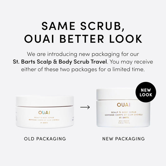 OUAI Scalp & Body Scrub, St. Barts Travel Size - Exfoliating Body Scrub with Sugar & Coconut Oil Blend for Smooth, Moisturized Skin - Gentle Scalp Exfoliator for Removing Product Build Up (3.4 oz)