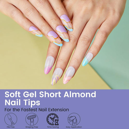 Short Almond Nail Tips: 240PCS Soft Gel Pre-Shaped Acrylic Fake Almond Nail Tips, 12 Sizes Full Cover Clear Press on Nails for Girls Women Nail Art Design