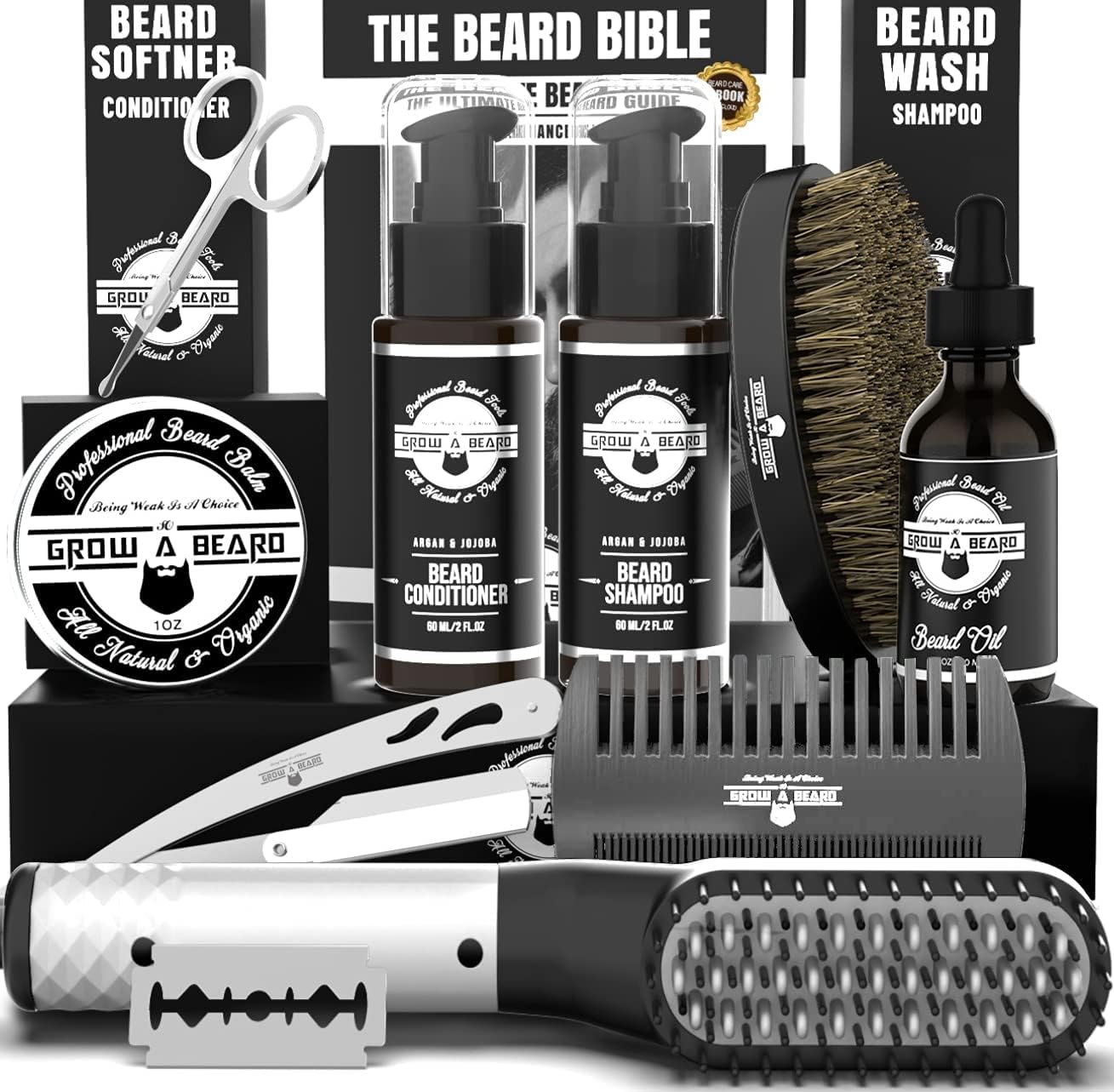 Beard Straightener Grooming Kit for Men, Beard Growth Kit, Wash, Brush & Comb, Unscented Growth Oil, All Natural Chanel Balm, Conditioner, Razor & Scissors, Great Gift Idea for Men's (Black)