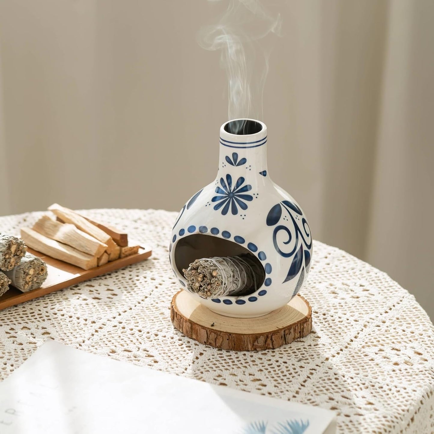 Handmade Ceramic Palo Santo Holder Burner & Sage Holder - Mini Tabletop Chiminea Burner Tray with Ash Catcher, Decorative Incense Holder for Spiritual Meditation & Yoga