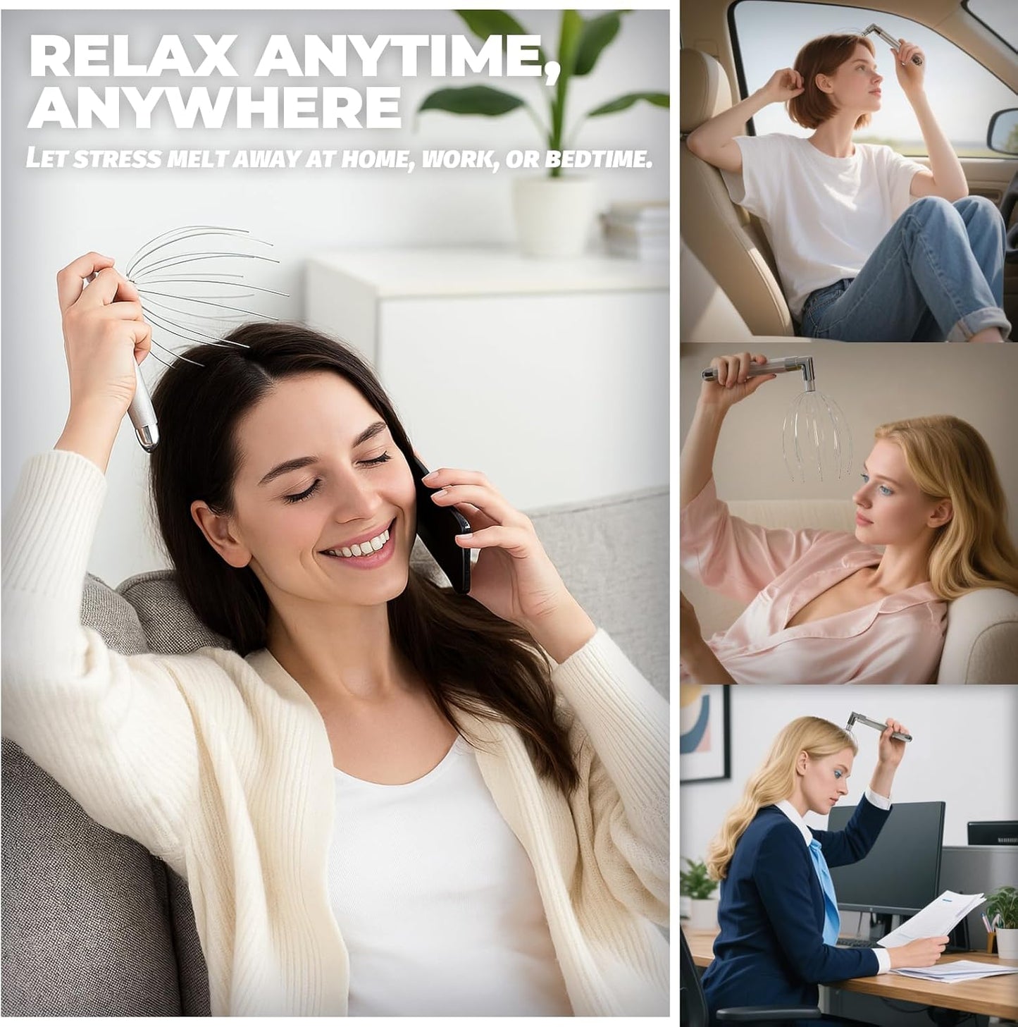 Head Massager Scalp – Electric Scalp Massagers with L-Handle, Waterproof Head Scratchers & Hair Massage Tool with 20 Metal Fingers for Stress Relief and Relaxation