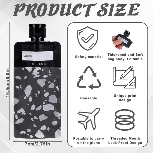 3 oz 6 PCS Refillable Size Containers Leak Proof Empty Squeeze Pouches Travel Shampoo Containers Pouches Travel Pouches for Toiletries for Shampoo Conditioner Face Cream Hand Soap（Black）