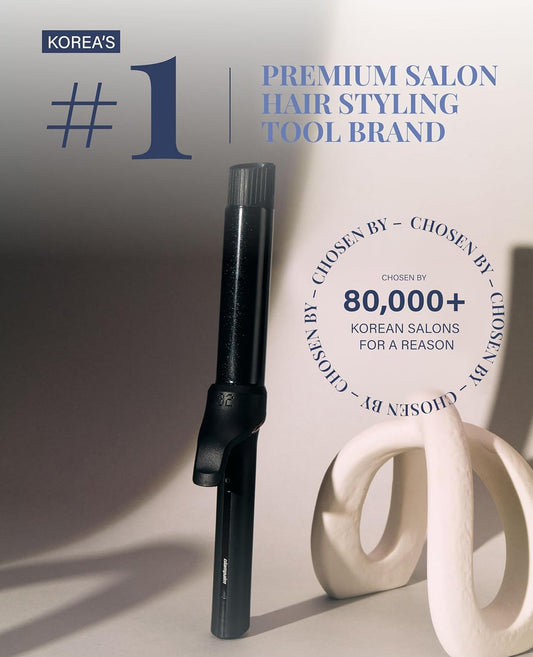 GLAMPALM Professional Curling Iron 1.4" - Long Barrel Ceramic Hair Curler for Women, Korea's No.1 Salon Hot Tool, 5 Temps & 30s Heat-up, 3D Swivel Cord & Dual Voltage, Black (GP628) (1.4")