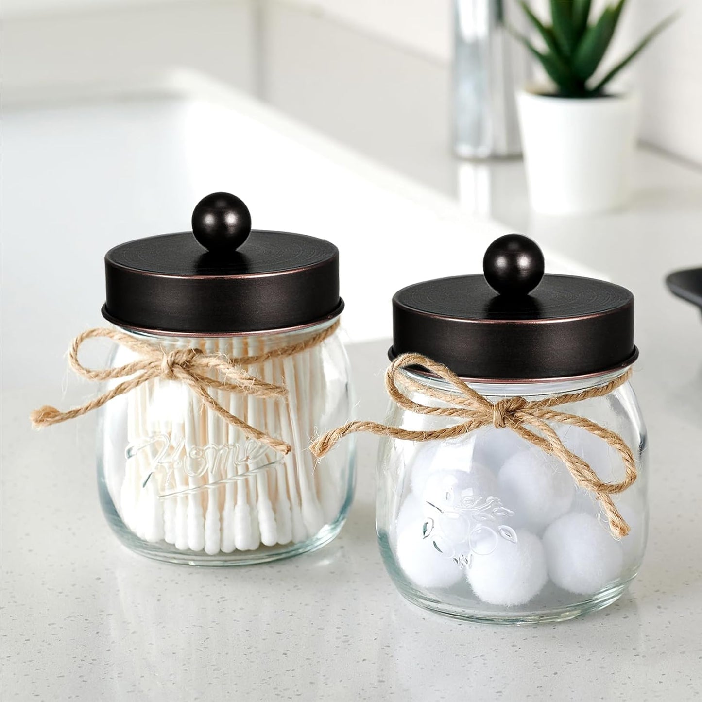 SheeChung Bathroom Decor, Bathroom Organizers and Storage, Qtip Holder, Vanity Decor, Cute Mason Jars for Cotton Swabs, Balls, Cotton Pads, Floss Picks (Oil Rubbed Bronze, 2 Pack)