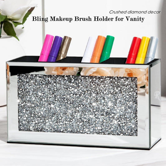 SHYFOY Mirrored Makeup Brush Holder Organizer, 3 Slot Glass Cosmetics Brushes Storage Holders with Crystal Crushed Diamond, Cute Pen and Pencil Holder for Desk, Eyeliners Display Case for Vanity