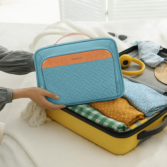 Travel Hanging Toiletry Bag for Women, Cruise Ship Essentials, with Jewelry Organizer, Extra Large Makeup Dopp Kit, Waterproof Cosmetic Bags, Toiletries Kit Set with Trolley Belt, Sky Blue