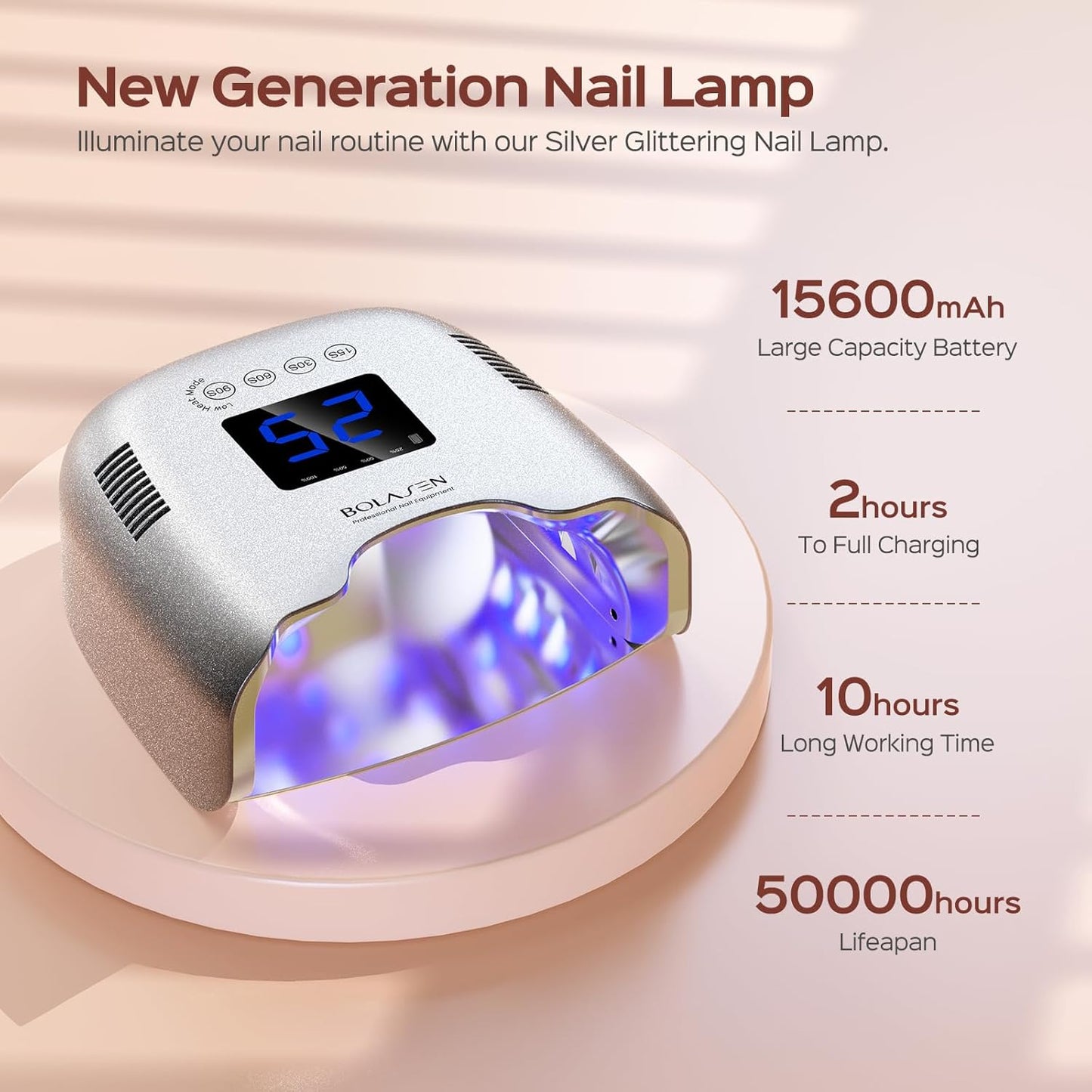 BOLASEN Cordless Rechargeable UV Nail Lamp - UV Light for Gel Nails with Metallic Reflector & Metal Base, 54W Portable Wireless LED Nail Dryer, Professional Curing Lamp for Salon, Silver Glitter