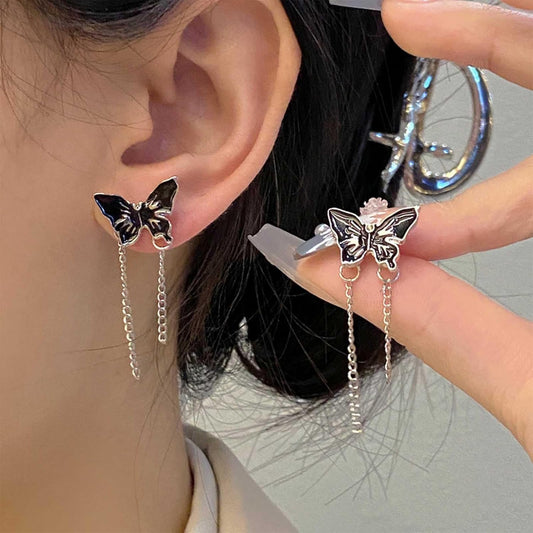 Vintage Butterfly Stud Earrings Silver Chain Tassel Dangle Earrings Black Butterfly Earrings Layer Chain Drop Earrings Jewelry for Women