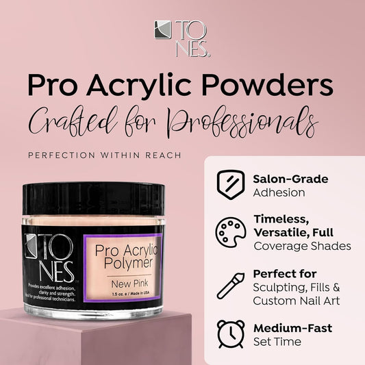 Tones Pro Acrylic Nail Powder, New Pink (Fresh Peach-Toned Pink), (3.5 Fl Oz) - Long-Lasting & Non-Yellowing Polymer for Salon Quality Nail Extensions & 3D Art