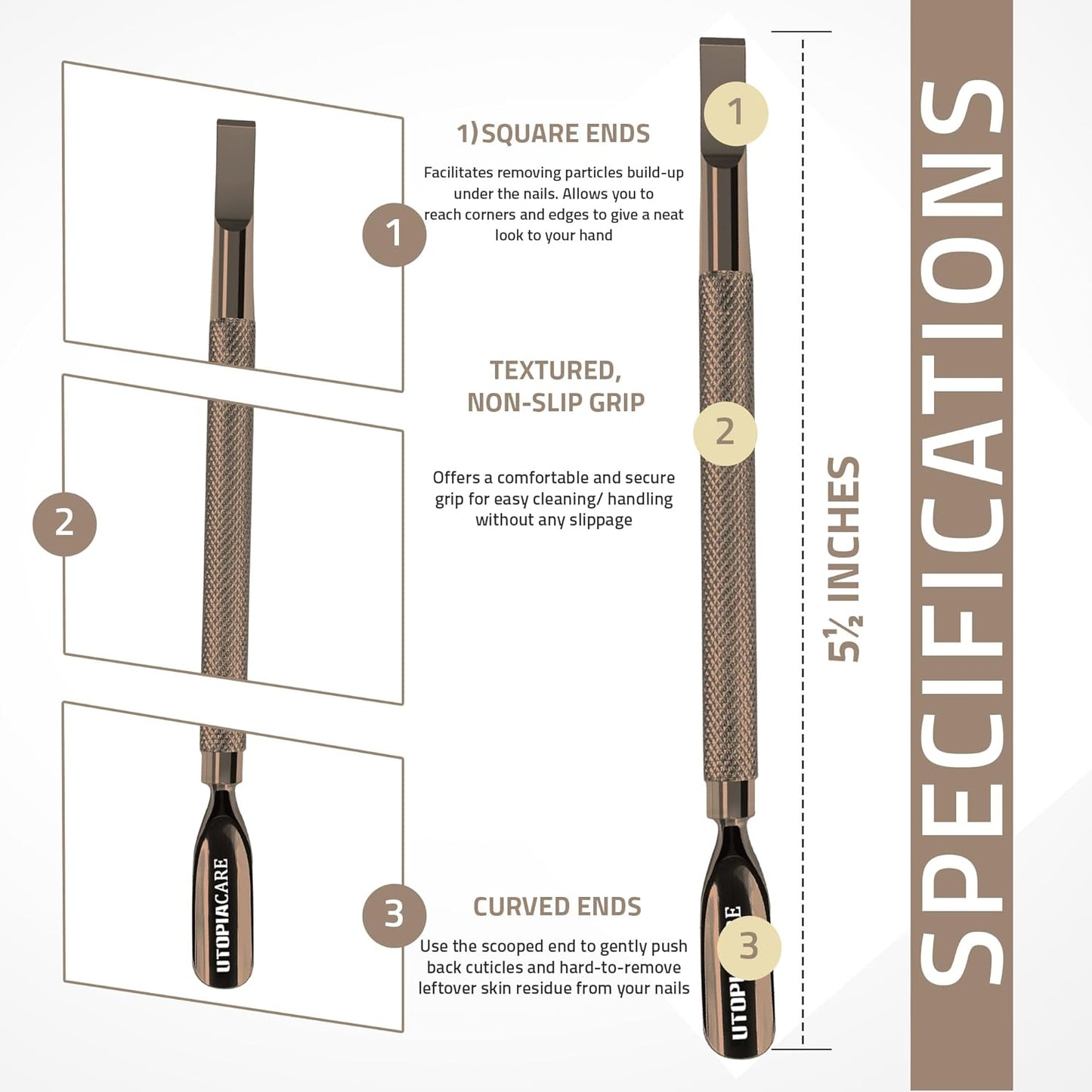 Utopia Care Cuticle Pusher Tool & Spoon Nail Cleaner, Professional Stainless Steel Cuticle Remover & Cutter, Durable Manicure & Pedicure Tool for Finger & Toenails, Bronze