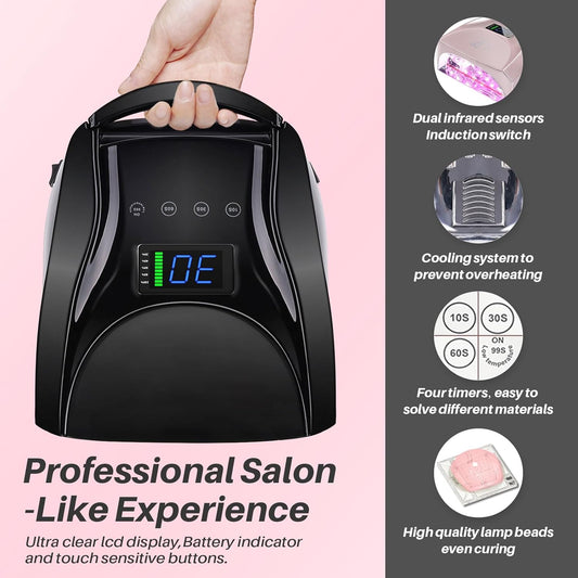 52 LEDs Cordless UV Nail Lamp, 96W High Power, Magnetic Mirror Base,Thumb Light,4 Timers, Auto Sensor, Key Sound, Built-in Cooling Fan,Remote Control Professional UV Light for Gel Nails(Black)