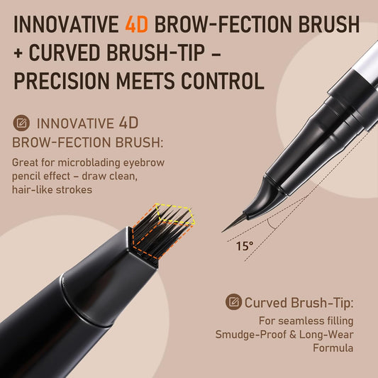 Dual-Ended Microblading Eyebrow Pencil for Women, 2 in 1 Liquid Eyebrow Pencil with Curved Tip and 4D Brow-Fection Microblading Pen, Shaped Fill HairLike Waterproof Lasting Eyebrows 04 Black Brown