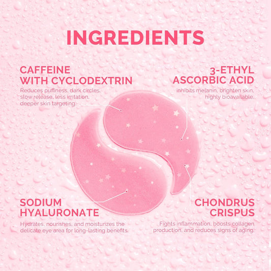 Enaskin Naturals Brightening Eye Masks: 30 Pairs Caffeine Under Eye Patches for Dark Circles and Puffiness w/Hyaluronic Acid - Skin Treatment Pads For Face Reduce Wrinkles & Bags (Rose)