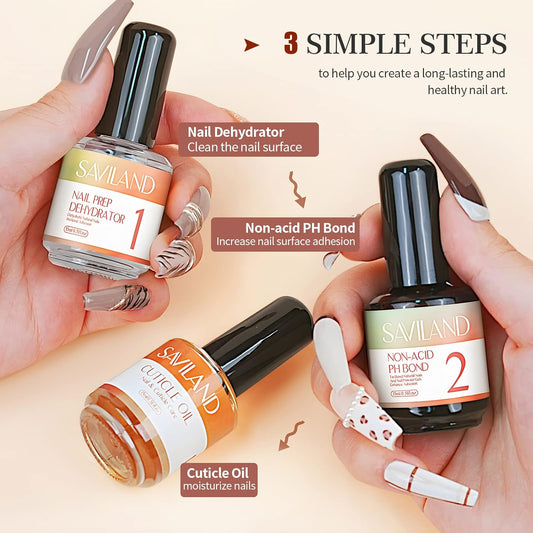 SAVILAND 15 ML Nail Dehydrator and Primer and Cuticle Oil for Nails – 16PCS Natural Acid-free Nail Primer and Dehydrator Nail Prep for Gel Nail Polish & Acrylic Nails Salon Nail Art Tools