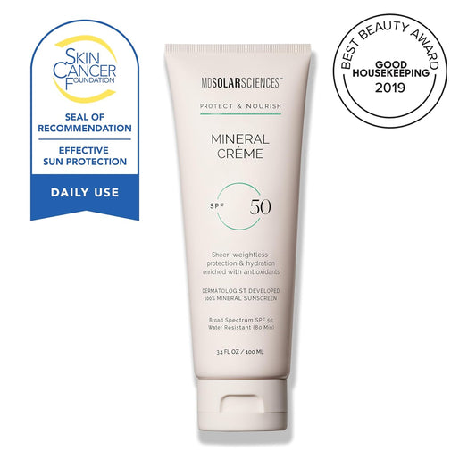 MDSolarSciences Mineral Crème Sunscreen SPF 50 | Water-Resistant, Broad Spectrum UV Protection | Zinc Oxide Formula with Antioxidants | No White Cast, Sheer Matte Finish for All Skin Types (3.4 Fl Oz)