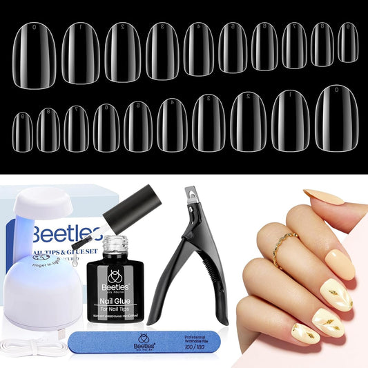 Beetles Nail Tips 240 Pcs Short Oval Nail Kit 5 In 1 Nail Glue Base Gel Uv Led Lamp Press on Nails Easy Nail Extension Set for Women