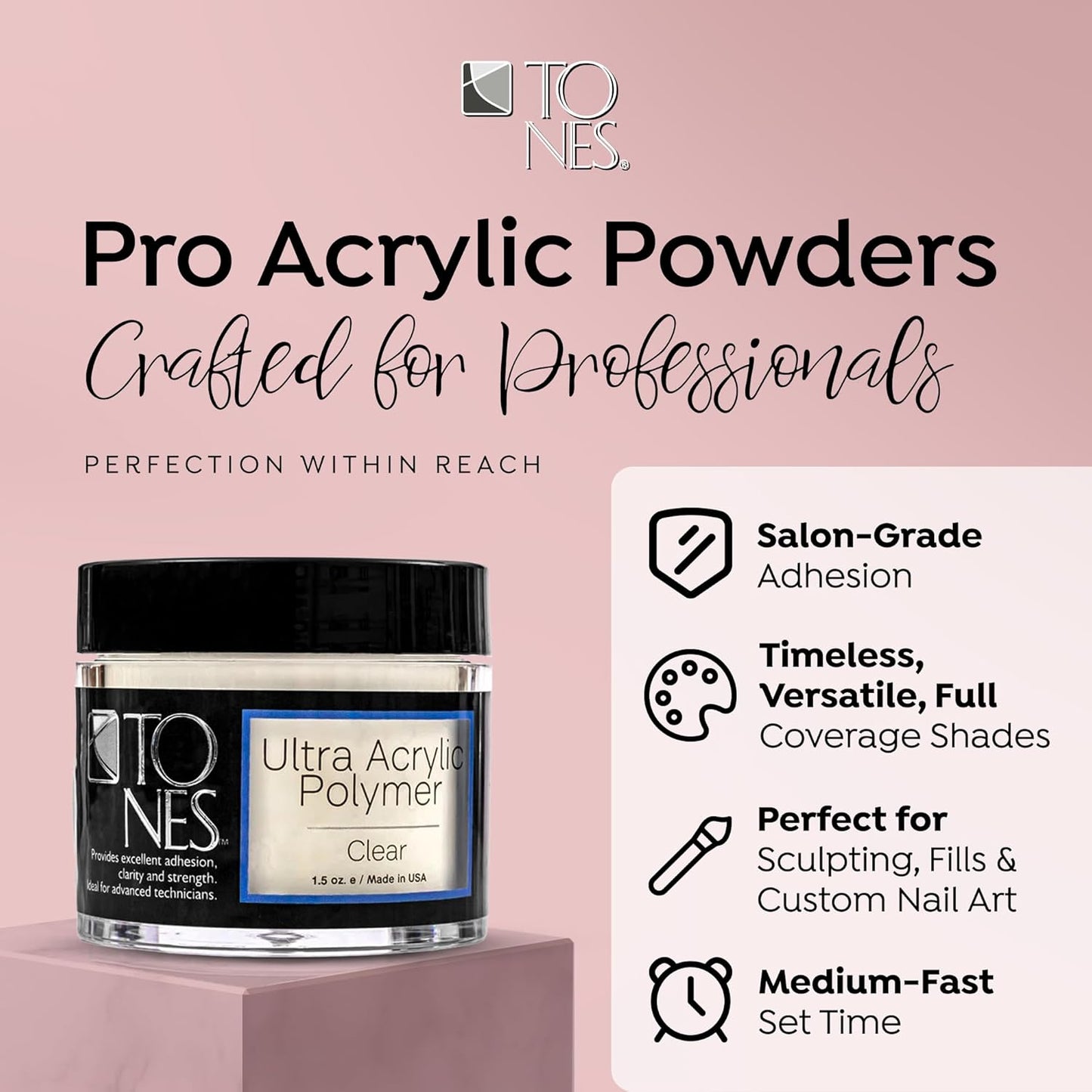 Tones Pro Acrylic Nail Powder, Sparkling Clear (Clear with Sparkles), (8.5 Fl Oz) - Long-Lasting & Non-Yellowing Polymer for Salon Quality Nail Extensions & 3D Art
