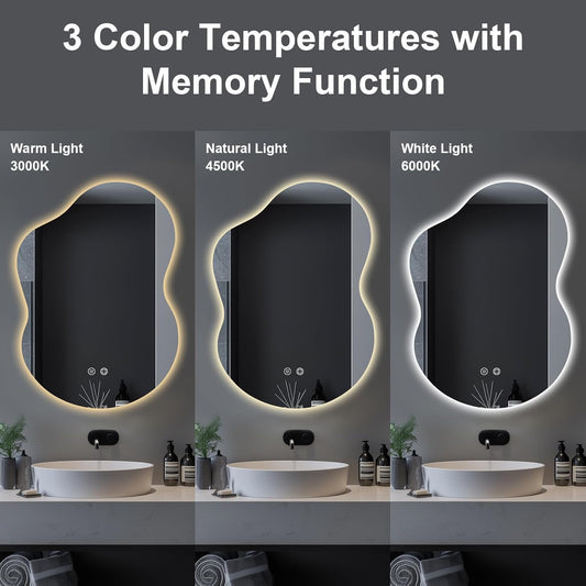 35"x25" Asymmetrical LED Vanity Mirror for Bathroom with Front & Backlit, Anti-Fog, 3 Light Colors, Dimmable, Wall-Mountable [Horizontal/Vertical]