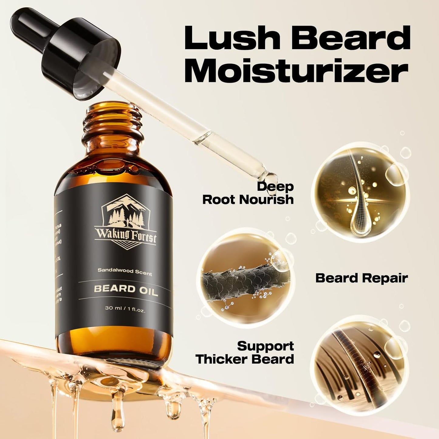 Waking Forest Beard Oil - Beard Oil for Men Thicker Beard with Vitamin E, Rosemary, Castor Mustache Oil for Black Men, Softens & Strengthens Beard Care Oil (Sandalwood, 1oz)