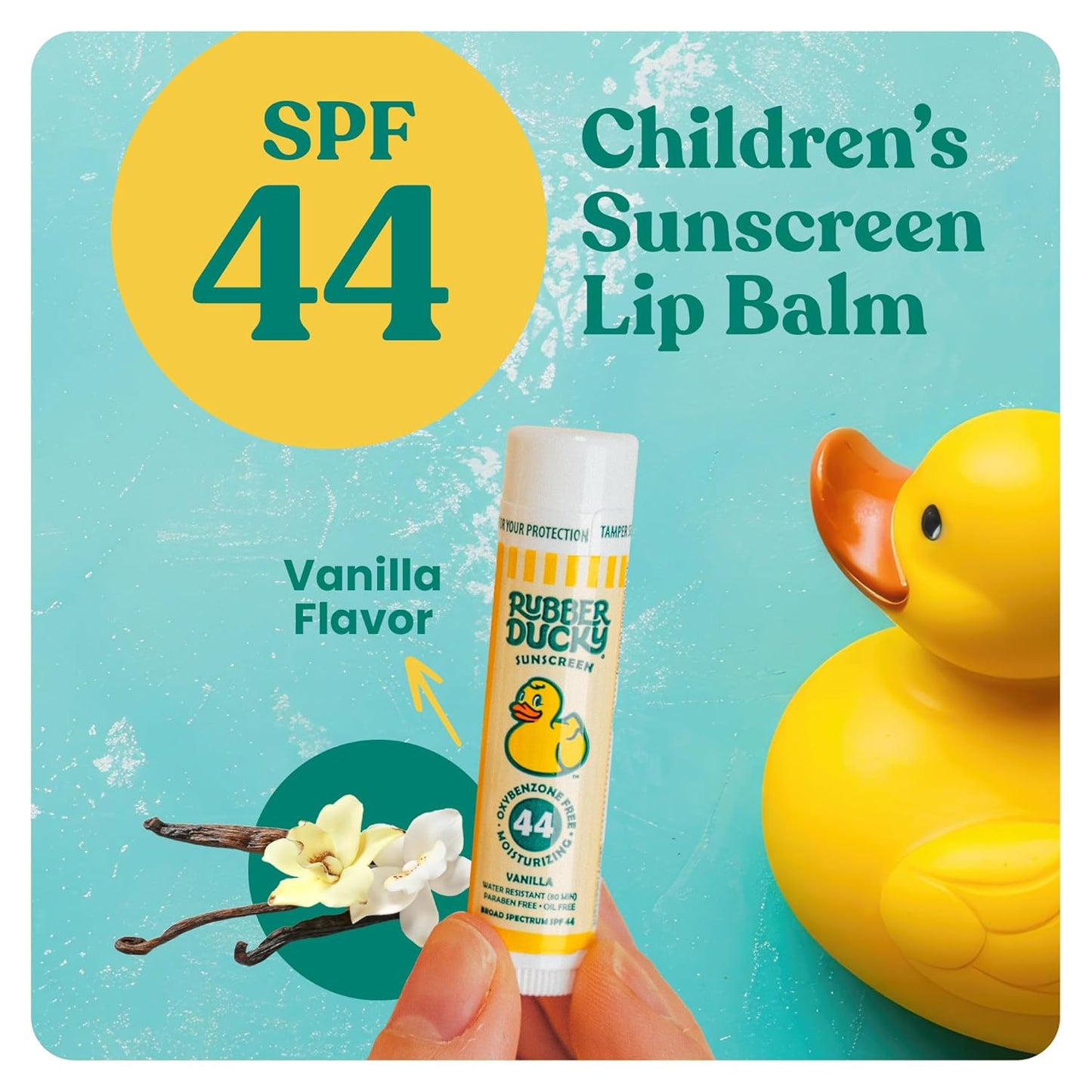 Rubber Ducky Lip Sunscreen SPF 44, Kids Vegan Lip Balm with Vitamin E, UV Protection, Water Resistant, Untinted, Vanilla Flavor, Broad Spectrum