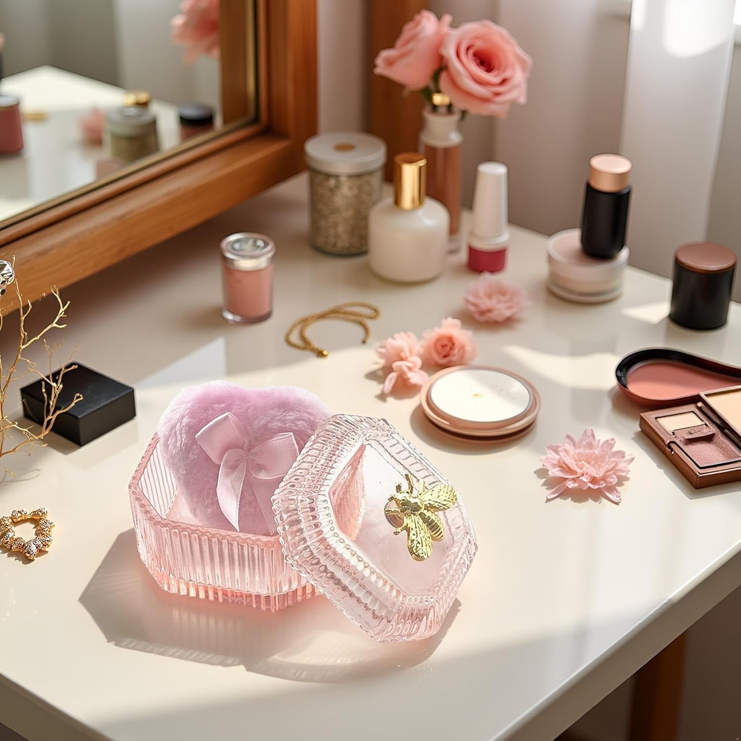 Body Powder Puff and Container - Glass Dusting Powder Container with Soft Puffs Vintage Powder Puff Case for Women & Girls (3.15x3.15x2.56 H IN) - GRB015-Pink