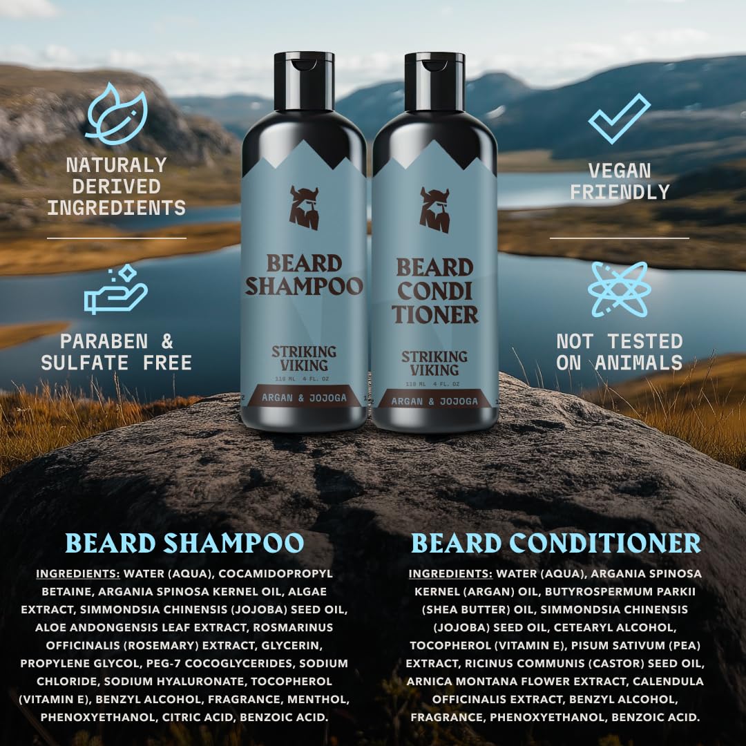 Striking Viking Beard Shampoo and Conditioner Set – 4 Fl Oz Each, Fresh Masculine Scent - Beard Wash and Conditioner for Men - Cleanses & Softens, with Argan & Jojoba Oil - Sulfate & Paraben Free