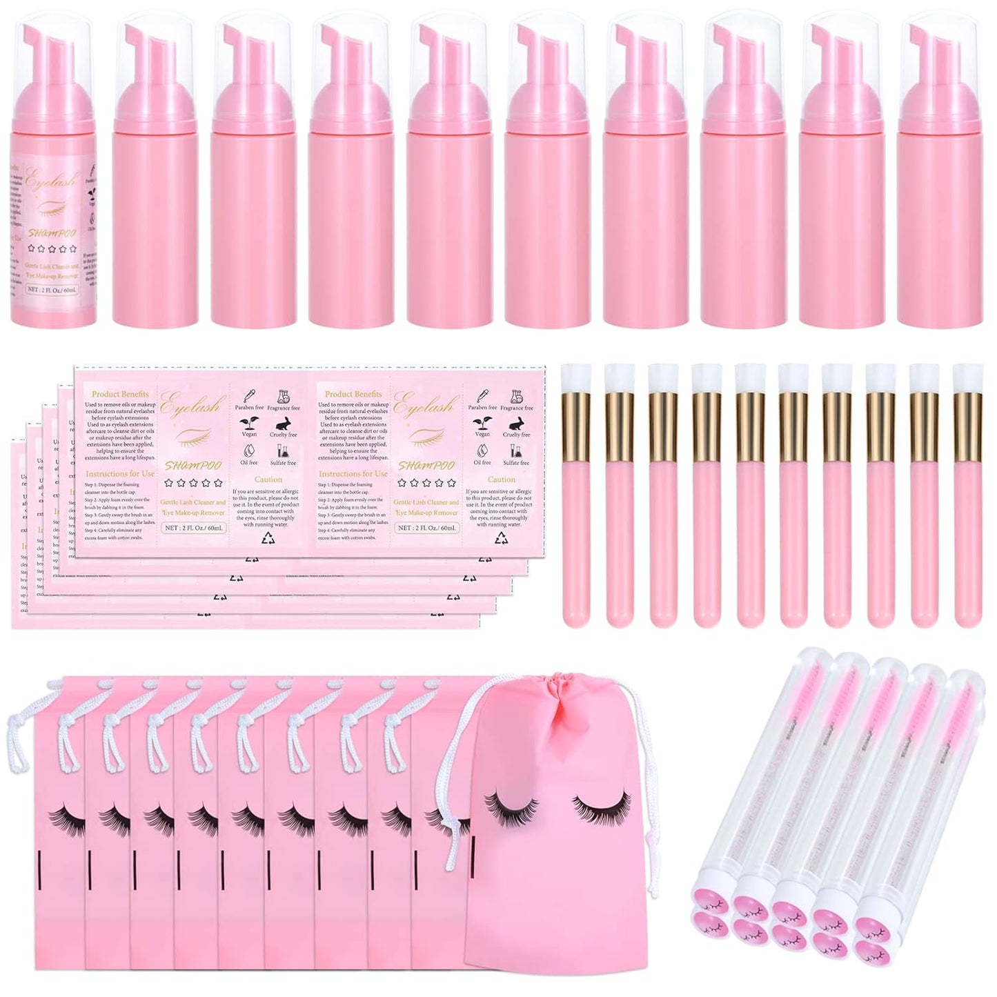 50 Pcs Lash Shampoo Bottle Brushes Set (Pink)