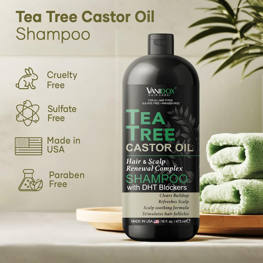 Tea Tree Oil Shampoo with Castor Oil, DHT Blockers, Itchy Scalp Relief, Supports Fuller Hair, Cleanses Dandruff & Buildup, For Men & Women, Made in USA, 16 fl oz