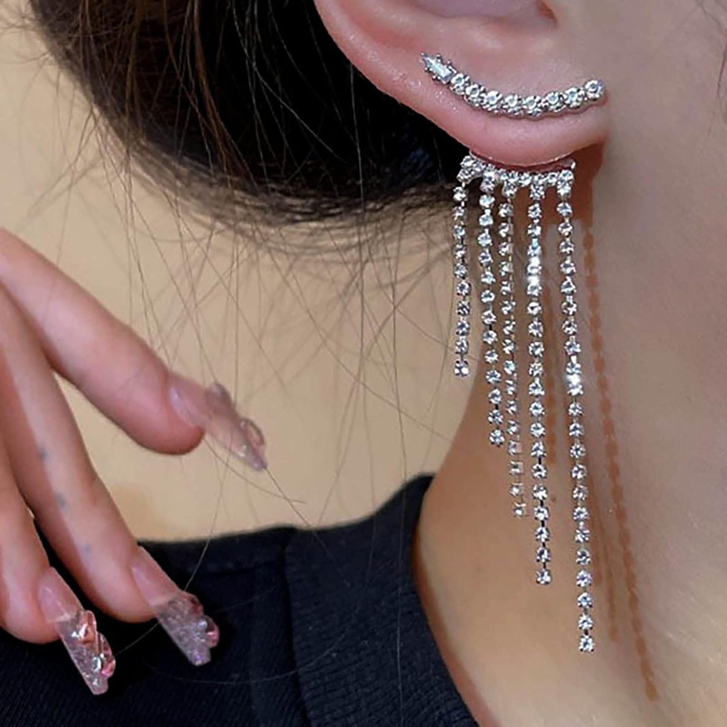 Vintage Rhinestone Chandelier Drop Earrings Crystal Ear Climber Earrings Long Tennis Chain Earrings Silver Cz Tennis Chain Tassel Earrings Jewelry for Women