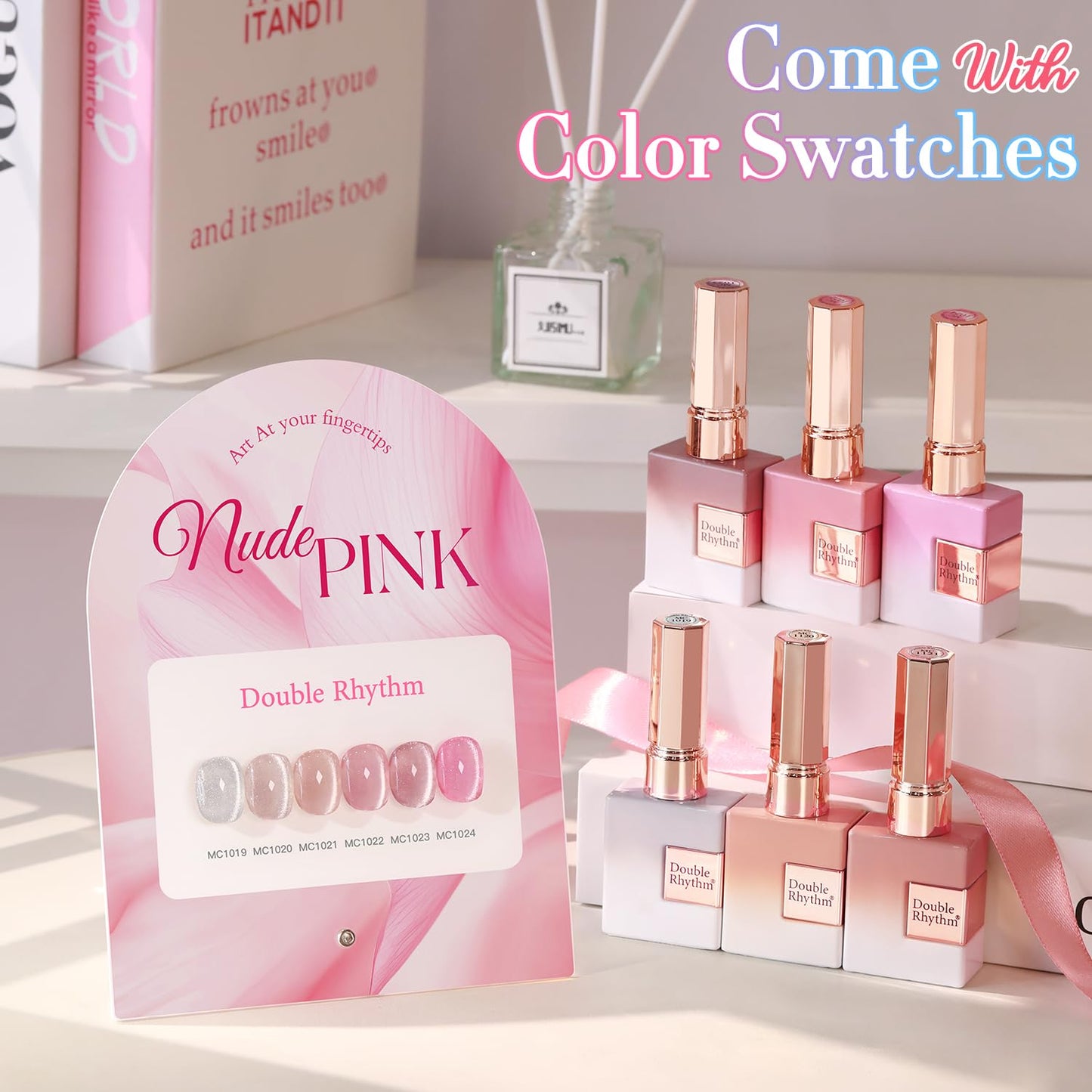 Double Rhythm Cat Eye Gel Nail Polish Set of 6 Same Color Same Bottle 0.5 Oz Shimmer Glitter with Magnet Holographic Reflective Magnetic UV Nail Polish Kit at Home (Silver Nude Pink-T6-42)