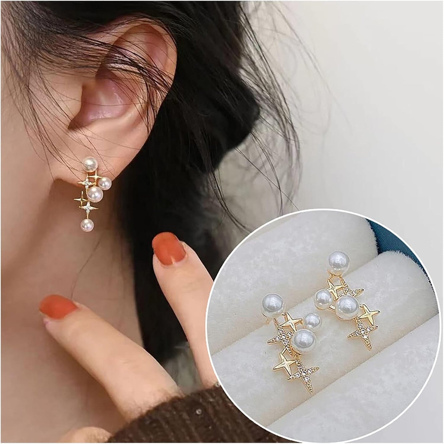 Vintage Pearl Star Earrings Rhinestone Pearl Drop Earrings Gold Crystal North Star Earrings Cz Northstar Studs Earrings Jewelry for Women
