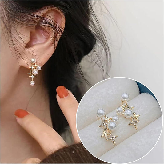 Vintage Pearl Star Earrings Rhinestone Pearl Drop Earrings Gold Crystal North Star Earrings Cz Northstar Studs Earrings Jewelry for Women