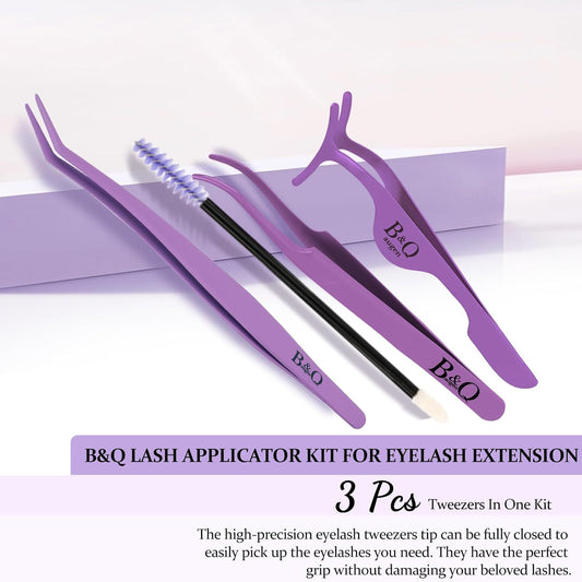 Eyelash Applicator Tool 3 PCS Lash Applicator Tool Kit Lash Tweezers for Eyelash Extensions Application Tool and Removal （Purple,3 PCS）
