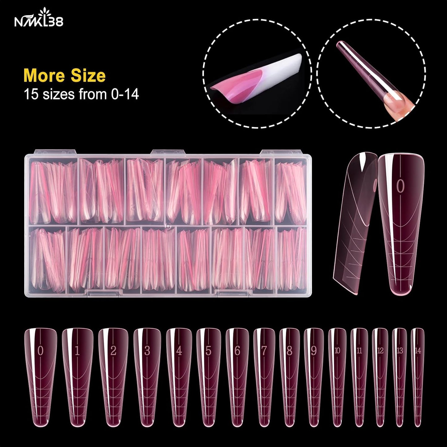 NMKL38 150Pcs Pink Dual Forms Full Cover Nail Tips Upper Arched Almond Shape Extension Mold