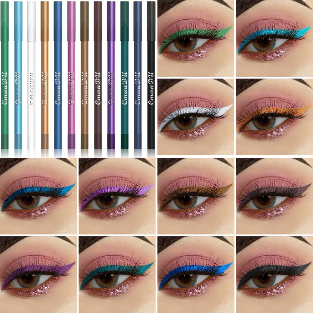 12 Colorful Eyeliner Pen Set, Eye Shadow Pencil, Pearl Eyeliner Kit Metallic Glitter Colored Eye liner for Women Eye&Lip Liner Professional Waterproof Eye Makeup