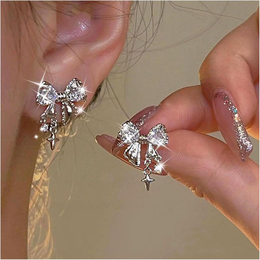 Vintage Crystal Bow Earrings Black Onyx Stud Earrings Silver Tiny Cross Drop Earrings Sparkly Cz Rhinestone Bow Earrings Jewelry for Women