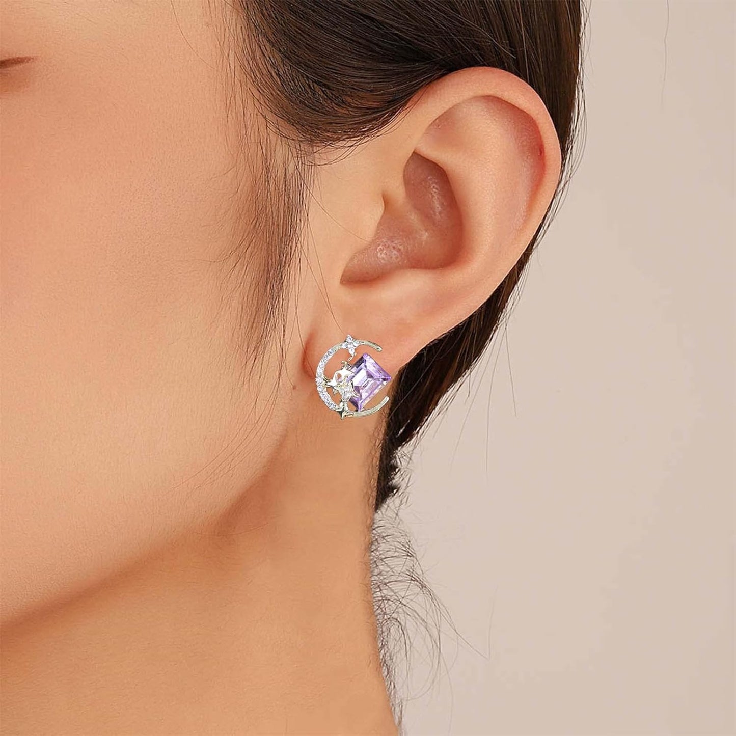 Vintage Purple Crystal Moon Earrings Amethyst Square Stud Earrings Rhinestone Crescent Earrings Gold Cz Star Stud Earrings Jewelry for Women
