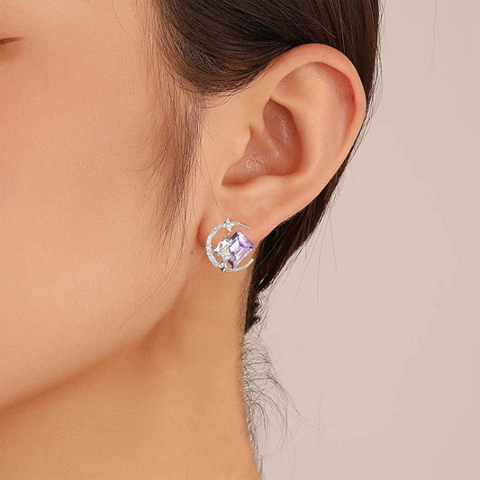 Vintage Purple Crystal Moon Earrings Amethyst Square Stud Earrings Rhinestone Crescent Earrings Gold Cz Star Stud Earrings Jewelry for Women