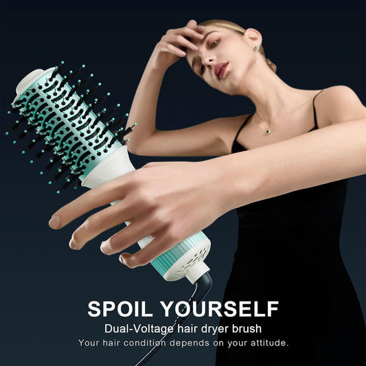 Dual Voltage Travel Hair Dryer Brush 4-IN-1 Portable Mini Hot Air Blow Dryer Straightener & Curler Brush, Titanium Round Blowout Styler Volumizer Tools, 110/240V US/EU/UK Plug for International Travel