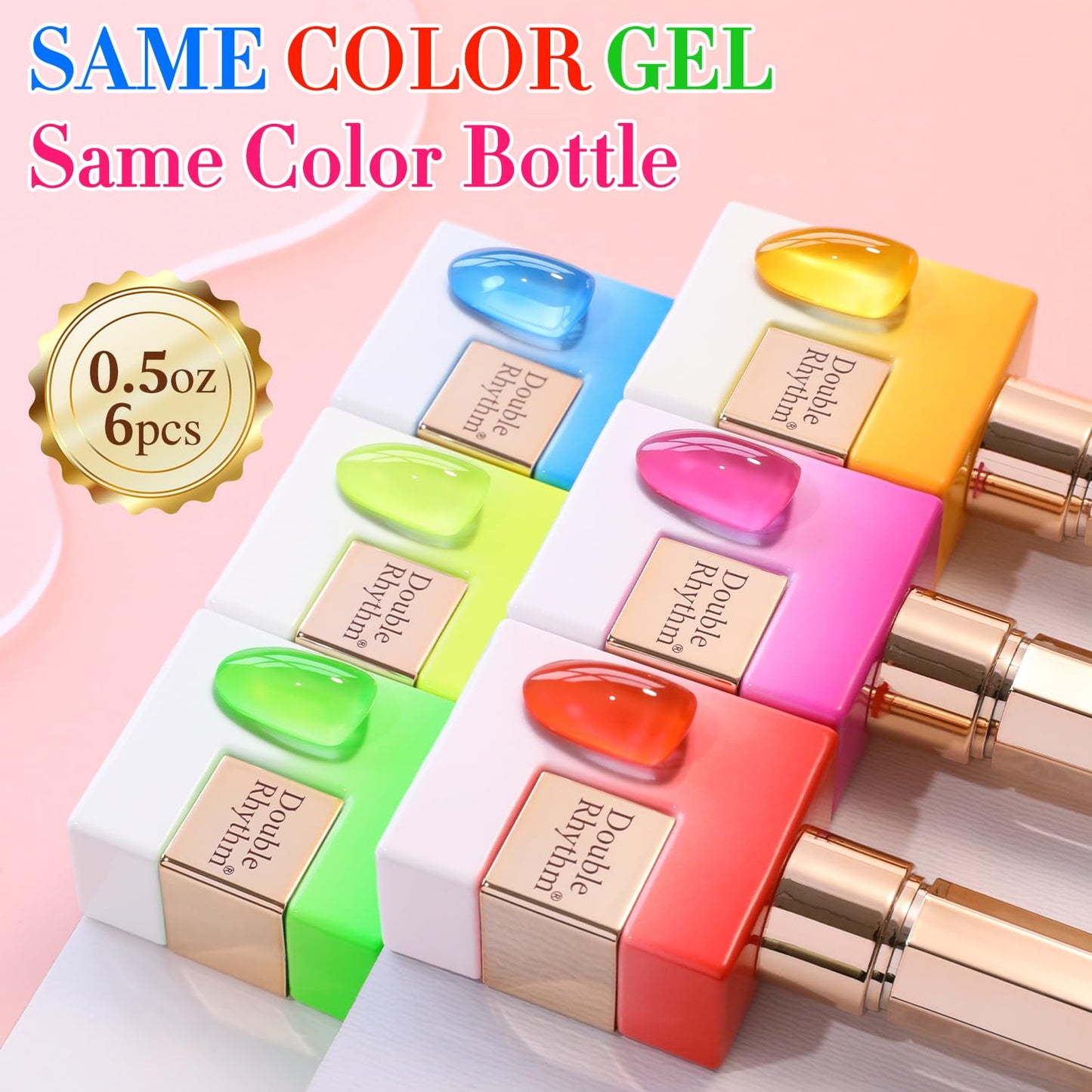 Double Rhythm 6 Pcs 15 ML Gel Polish Set Same Color Same Bottle Soak Off Gel Polish Kit Nail Art Manicure Salon DIY at Home for Women (Jelly Neon Pink Blue Red Green-T6-26)
