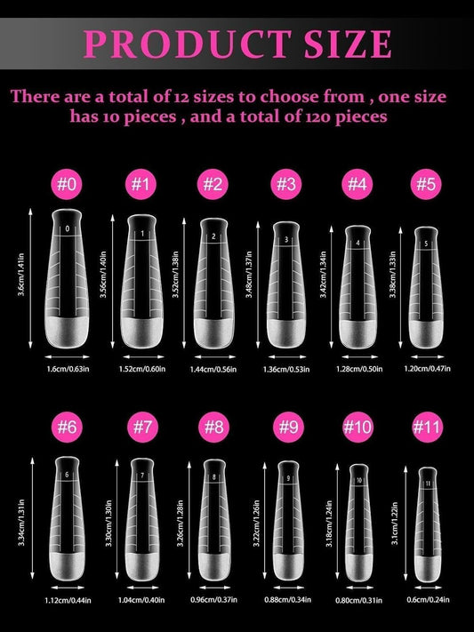 EBANKU 120Pcs Poly Gel Nail Forms, T-Shape Matte Dual Forms Clear Nail Tips Mold for Builder Gel Square Nail Extension Manicure Tools Salon-12 Sizes