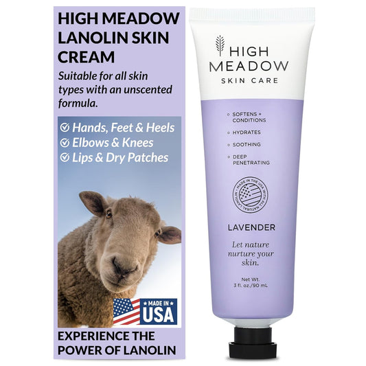 High Meadow Lanolin Skin Cream - Deep Hydration Formula for Soft, Radiant Skin Care - Repairs Dry and Cracked Skin on Hands, Feet & Elbows - Multi-Purpose Soothing Lotion - 3.0 Oz Lavender Moisturizer