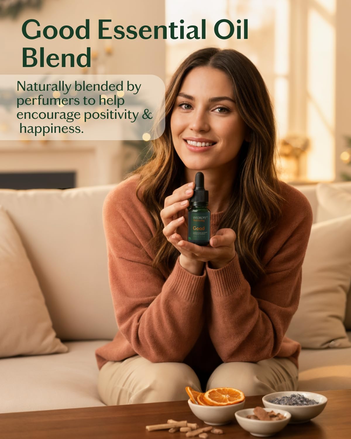 LIVEDROPS 24/7 Good Essential Oil Blend Bergamot Palmarosa Sandalwood | Daytime Aromatherapy for Positivity Focus Happiness | Skin-Safe Diffuser Oil French Perfumers Vegan Dermatologist Tested 10m