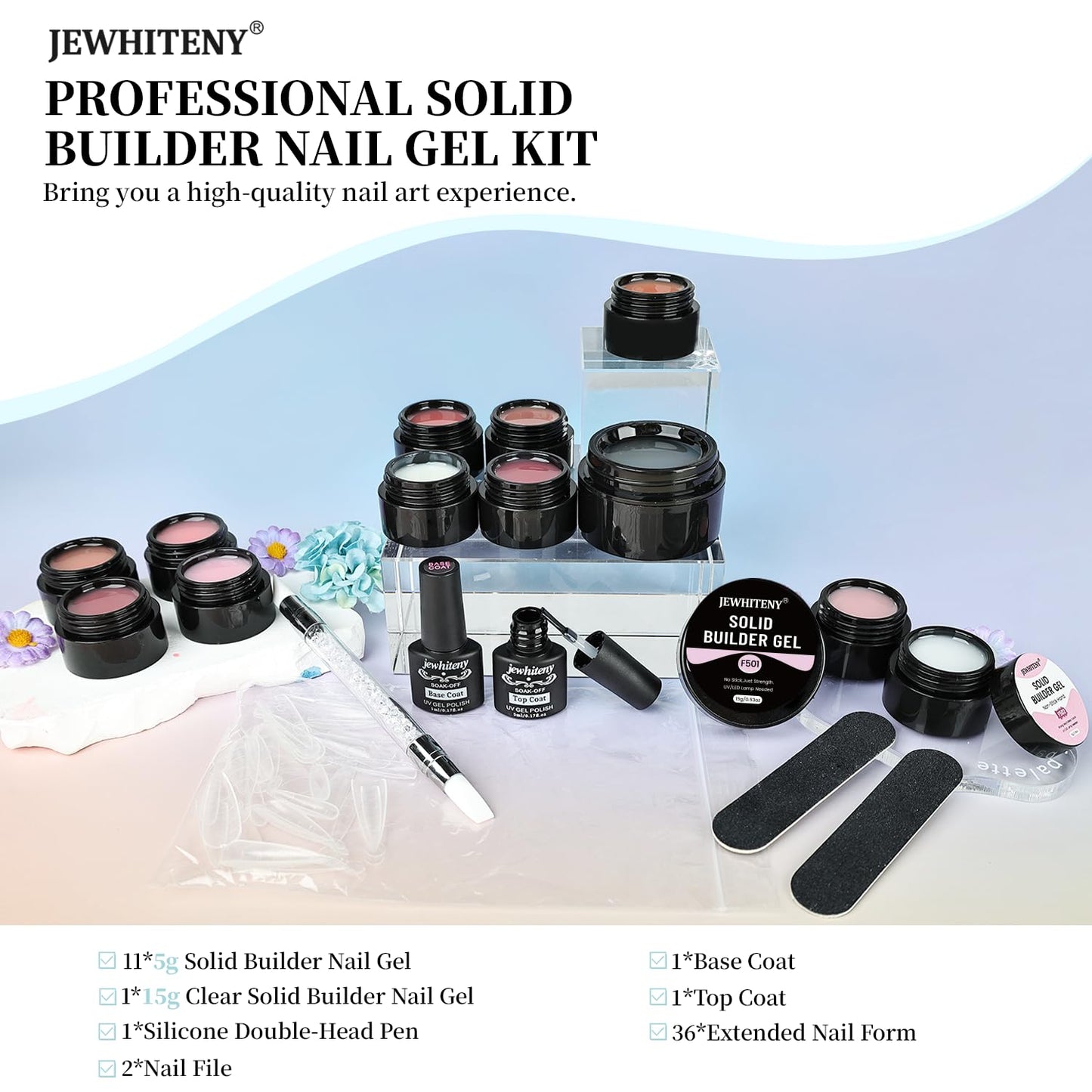 JEWHITENY 12 Colors Non-Sticky Solid Builder Gel Set:Sculpting Gel for 3D Nail Art, Extension & Nails Carving Salon-Quality Builder Nail Gels