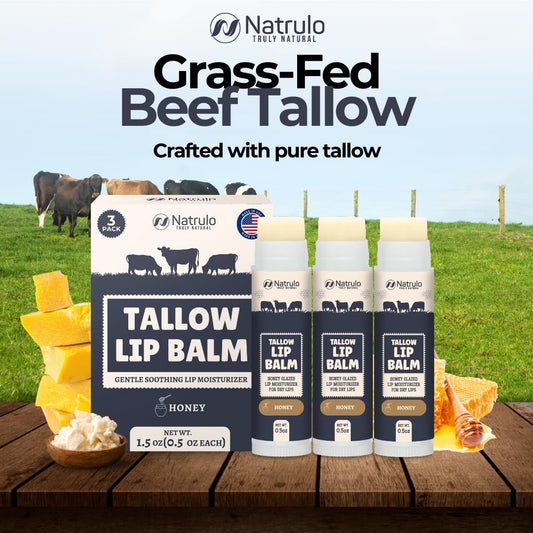 Beef Tallow Lip Balm – Natural Tallow Beeswax Chapstick – Hydrating Moisturizer Grass Fed Bison Tallow Balm Lip Care – Soothes Chapped Dry Lips, Sensitive Skin – Long Lasting Vitamin Rich USA-Made 3Pk
