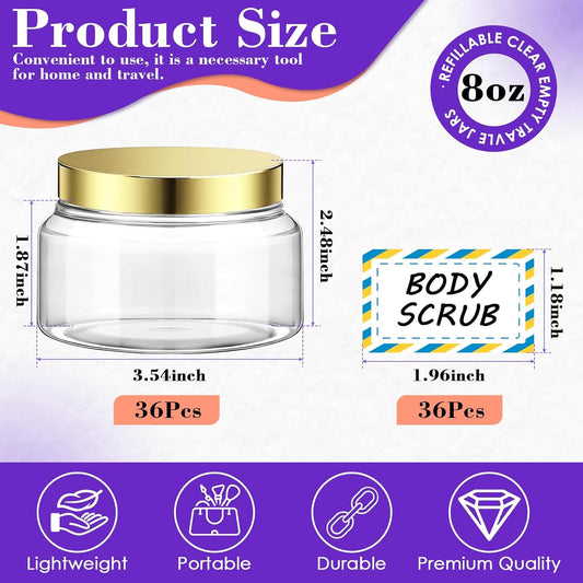 36 Pack 8 oz Plastic Cosmetic Containers With Lids Refillable Clear Empty Travle Jars Containers for Body Butter,Sugar Scrubs,Cream,Lotions,Candy, Waterproof Label&Spatulas - (Gold)