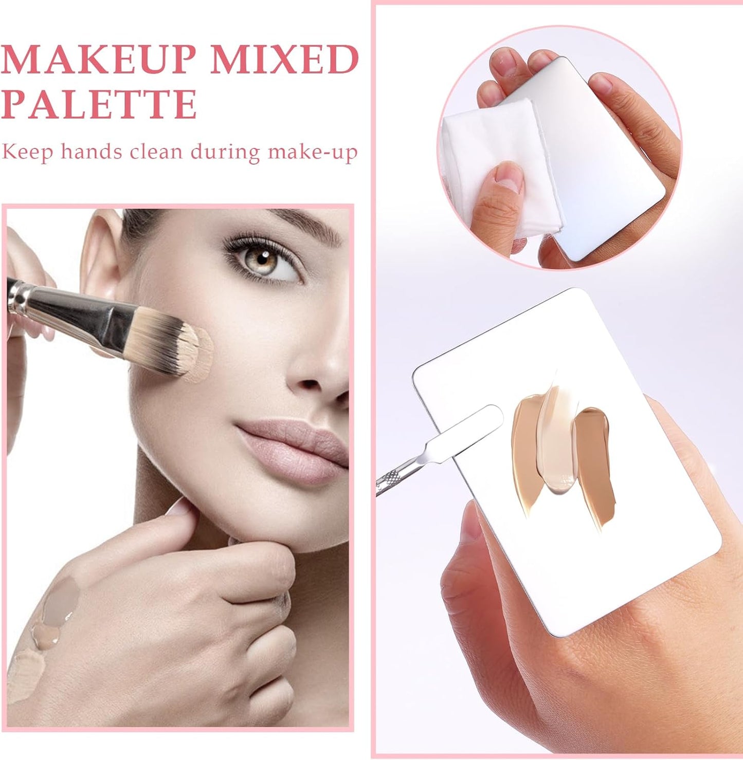 Makeup Mixing Palette with Handle Stainless Steel Makeup Spatula Palette with Foundation Spatula Multifunction Foundation Mixing Palette & Makeup Mixer for Mixed Cosmetics (2.9×1.9",Silver)